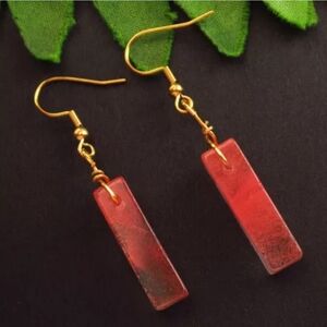 1 Pair Red Cherry Quartz Oblong Square Gold Tone 2" Earrings Natural Gemstone